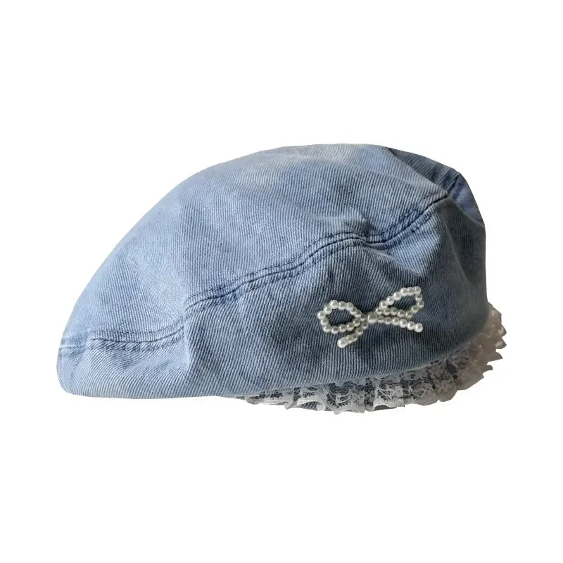 Denim Pearl Bow Kont Beret Cap Korean Vintage Y2k Lace Hat Summer Designer Female Thin Denim Beach Travel Sunscreen Painter Cap 6