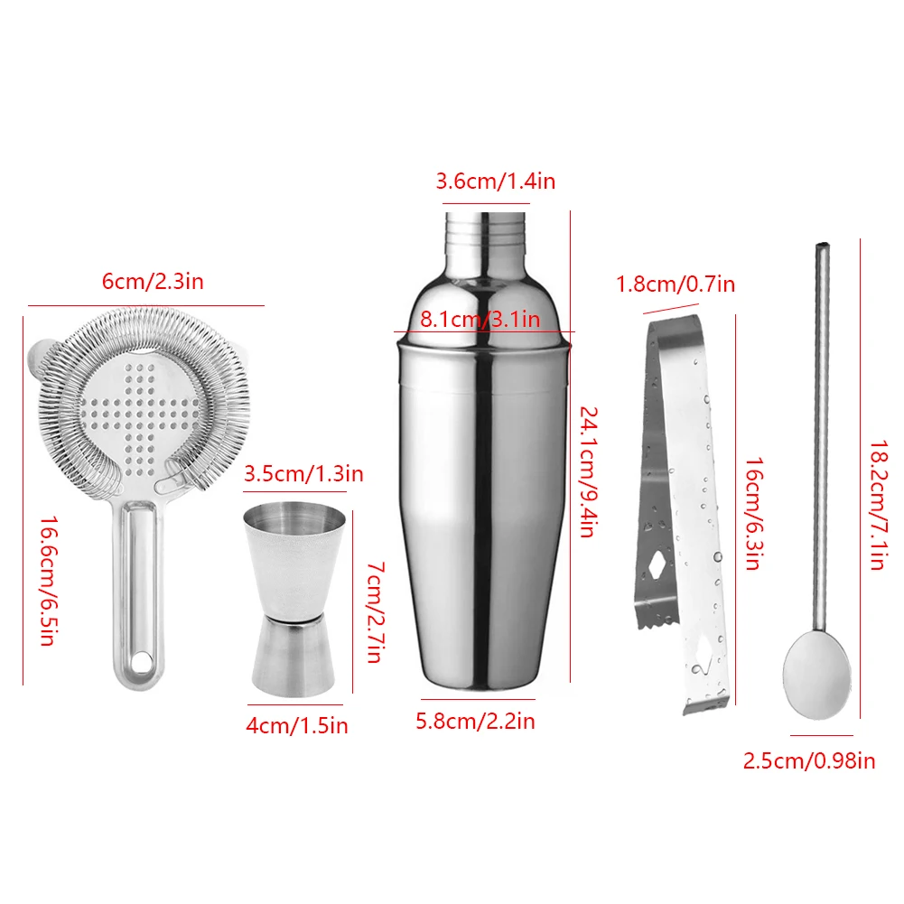 5pcs Bartender Kit Stainless Steel Cocktail Mixer Shaker/Jigger/ Strainer/Bar Mixer Spoon/Tongs Cocktail Set for Bartender