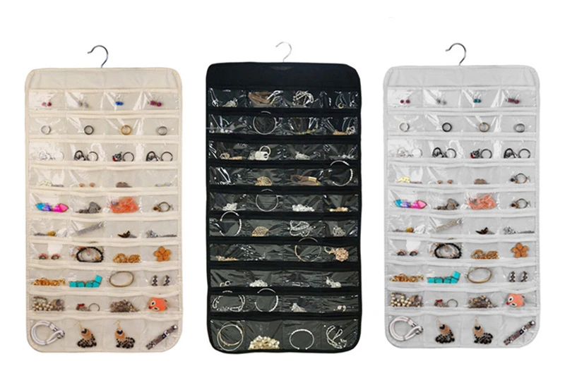 Doppelseitige Aufbewahrungstasche zum Aufhängen von Schmuck mit 80 Fächern, Business-Mitgliedskarten-Organizer, Kleinigkeiten, Halsketten, Ohrringe, Aufbewahrungstasche – Detail 2