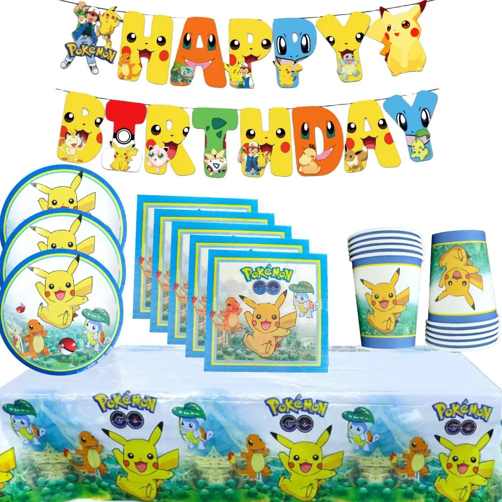 

Pikachu Theme Party Birthday Party Decoration Tableware Treasure Cute Tablecloth Plate Balloon Banner Flag Charm