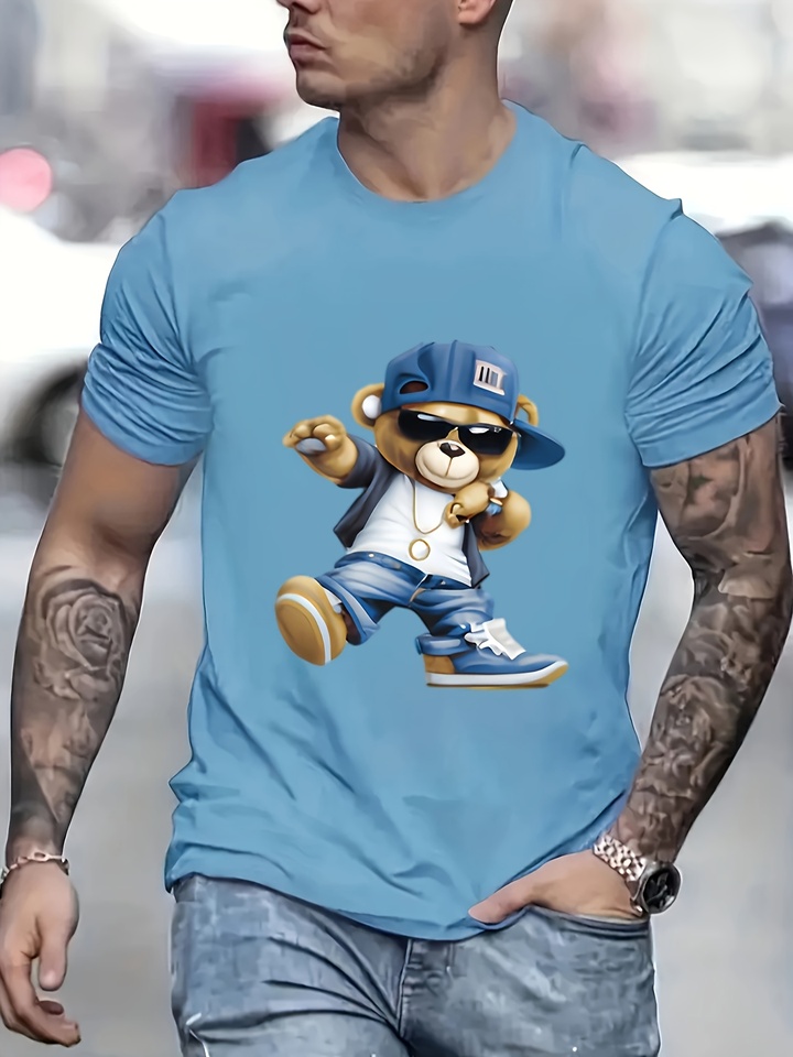 Men's Summer 100 Cotton Fashionable Casual Sports Loose Large Cartoon Cool Bear Pattern Printed Round Neck Short Sleeve T-shirt