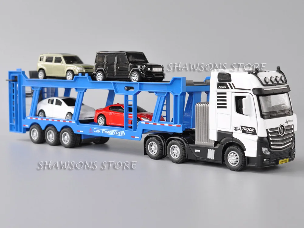 

1:50 Diecast Model Truck Toy Tractor and Car Transporter Semi-Trailer With 4 cars Miniature Replica Playset