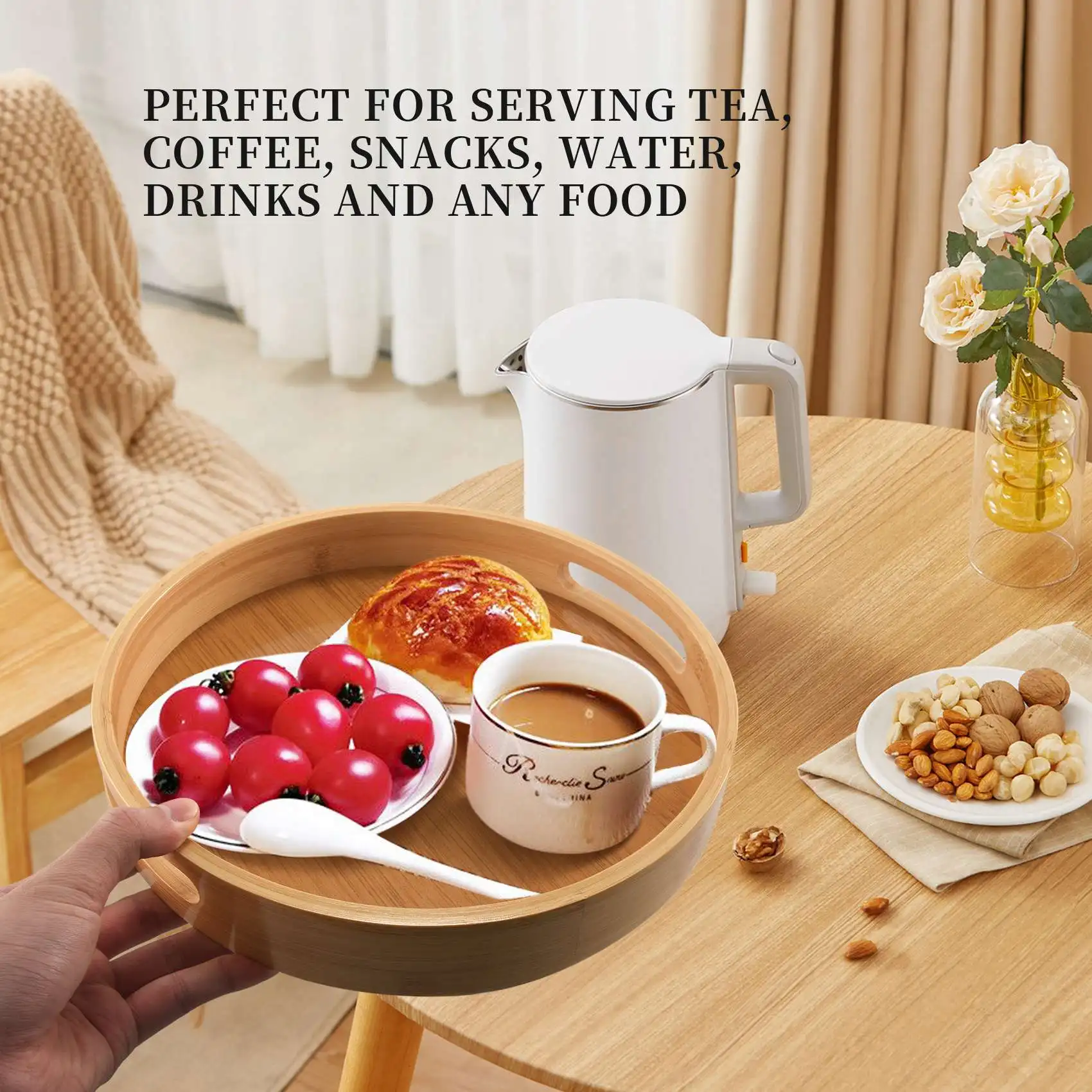 Round Serving Bamboo Wooden Tray for Dinner Trays Tea Bar Breakfast Food Container Handle Storage Tray  1 6