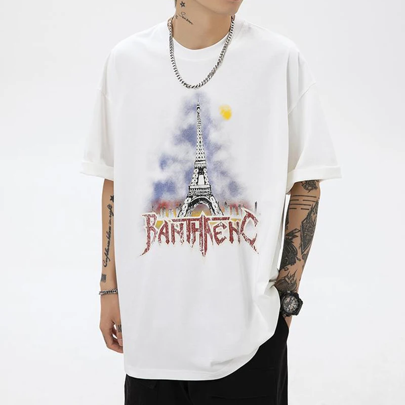 

Men's Tshirt Iron Tower Theme Print Short Sleeved T-shirt Men Women Spring Summer New Fashion Causal Pure Cotton T-shirt