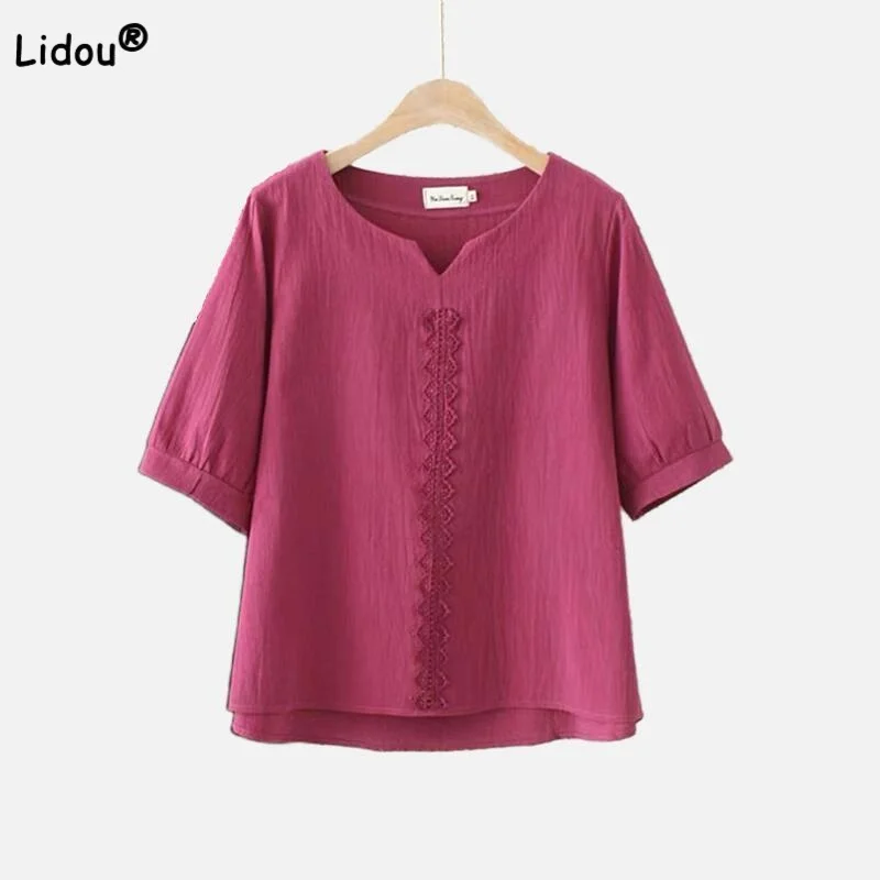 

Casual Vintage Solid Color Women's T-shirt Summer Fashionable Commute Short Sleeve Embroidery Patchwork Tops Female Clothin