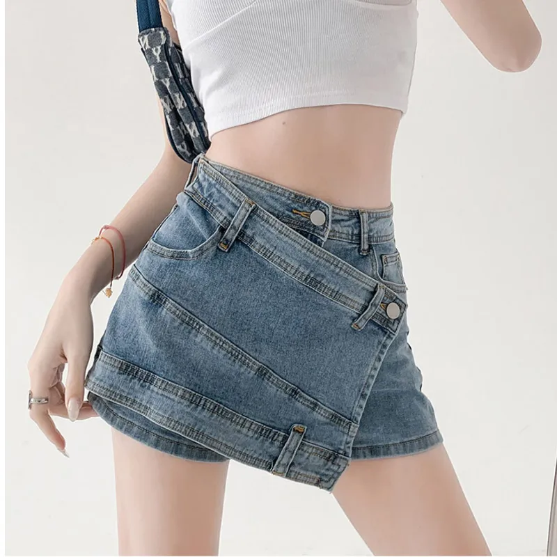 High-waisted Denim Shorts Skirt for Women American Style Irregular A-line Jeans Skirt Fashion Vintage Streetwear Y2k Clothing kakan europe and the united states new suspenders jeans ripped letter denim shorts workwear jeans k34 618