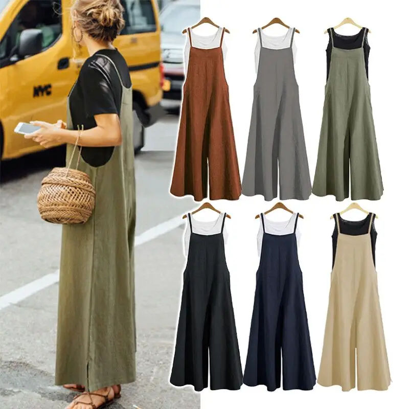 Women Loose Casual Playsuit Trousers Wide Leg Pants Overalls Baggy Romper Lady Chic Summer Sleeveless Cotton Loose Jumpsuits 5XL women s chic strapless sleeveless denim playsuit lady summer streetwear sexy solid color pockets denim rompers with belt