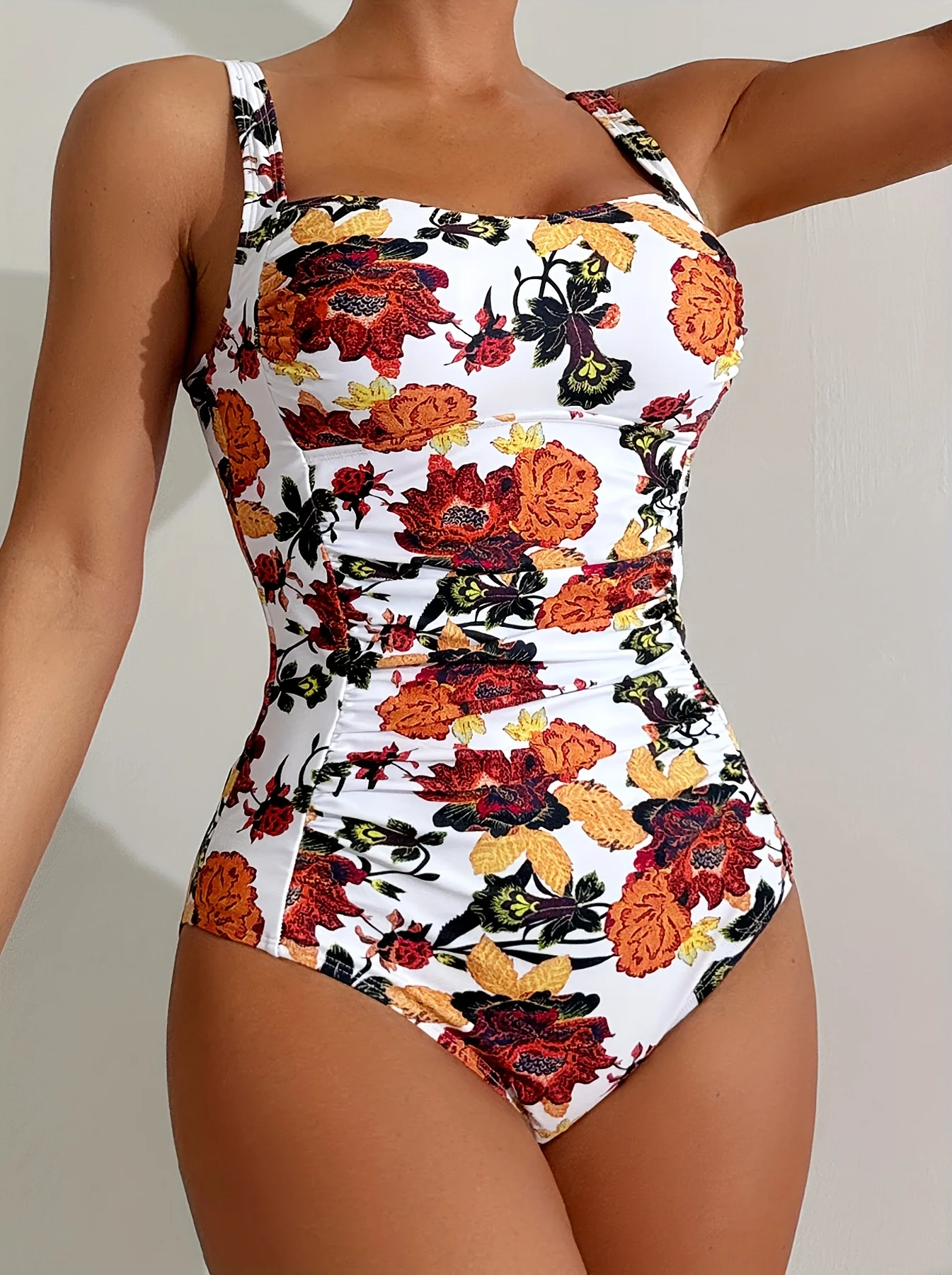 Siamesischer Badeanzug mit Retro-Blumenmuster, verstellbarem breitem Schultergurt und vorderer Faltenabdeckung, dünne, flache Seitennaht