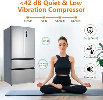 Refrigerator French Door, 18.8 Cu Ft, 36'' Frost-free Counter Depth Stainless Steel Fridge, Double Door Kitchen Refrigerator 4