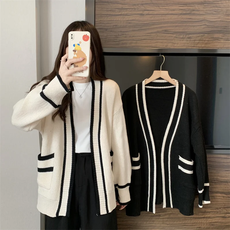 Varsity Cardigan 긴 소매 V 넥 오픈 프론트 스웨터 여성용 니트 자켓 Preppy Style