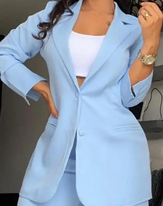 Ladies Blazer Set Two Piece Women Autumn Long Sleeve Notched Collar Elegant Blazer Coat & Fashion Pocket Design Work Pants Set
