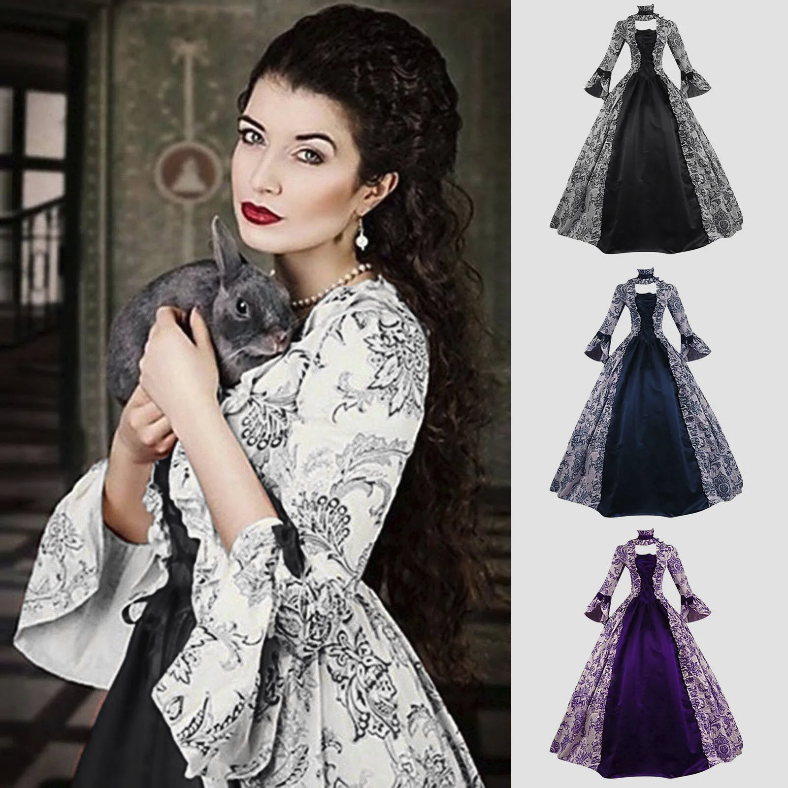 

Medieval Tunic Kids Cocktail Dresses For Women Fashion Gothic Style Vintage Midi Dress Croset Long Flare Sleeve A Line