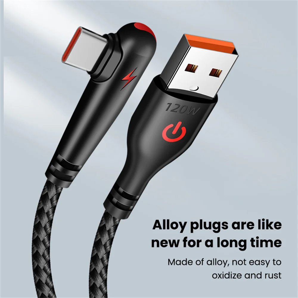 6A 120W 고속 충전 케이블 USB to 타입 C 퀵 차징 충전기 코드 0.25m/1m/1.5m/2m 90도 엘보우 USB-C 브레이디드 데이터 와이어