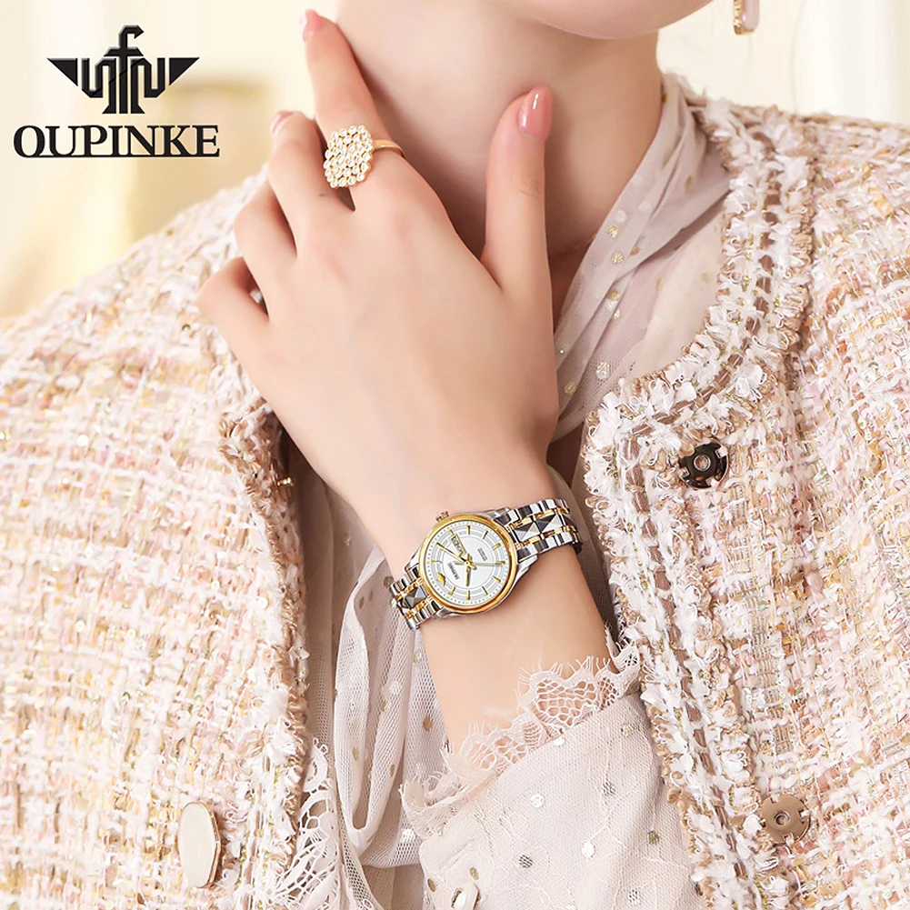 OUPINKE 3170 Deep Waterproof Automatic Watch For Women Dual Calendar Mechanical Hand Clock Stainless Steel Luxury Woman Watches 4