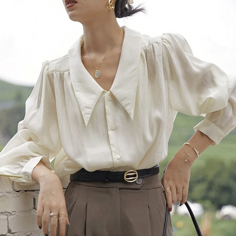 

Jocoo Jolee Vintage Puff Sleeve Women Chic Blouse Solid Color Single Breasted Casual Shirts Elegant Retro Long Sleeve 2022 Tops