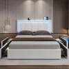 Queen Size Bed Frame with 4 Storage Drawers and LED Lights - Faux Leather Upholstered Platform Bed with USB Ports Adjustable LED 3