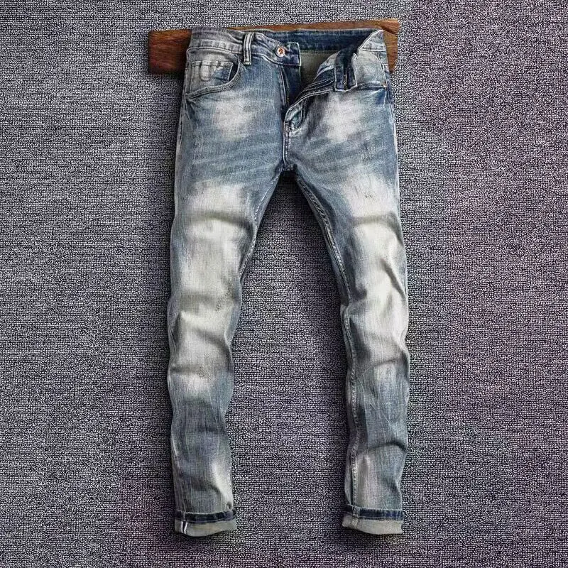 

Newly Designer Fashion Men Jeans High Quality Retro Blue Stretch Elastic Slim Fit Ripped Jeans Men Vintage Denim Pants Hombre