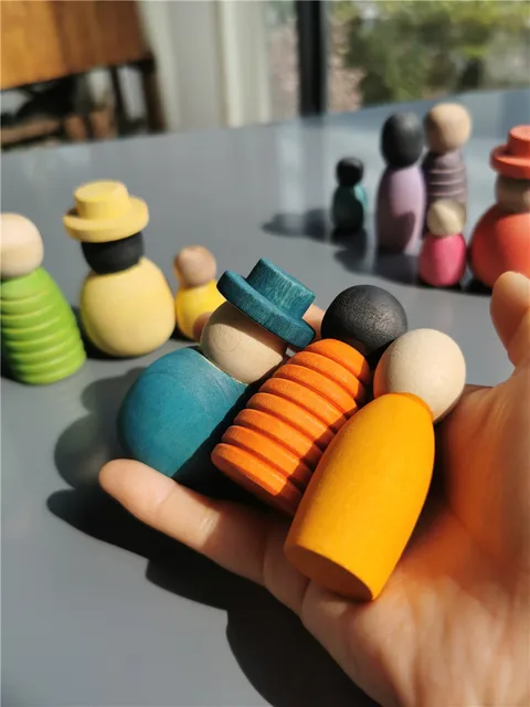 Wooden Montessori Toys Handmade Rainbow Peg Dolls Together Stacking Figurines Blocks For Children Open-ended Play 6