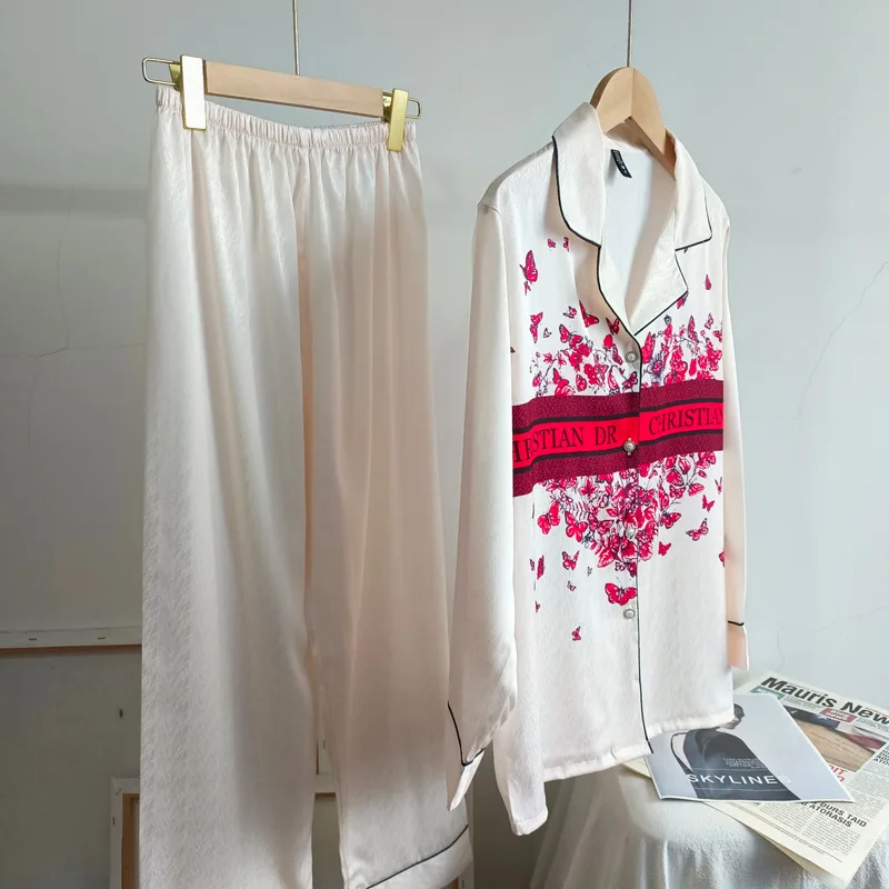 Ice silk butterfly women's pajamas two-piece set noble luxury long-sleeved pajamas set comfortable lapel women's home wear set