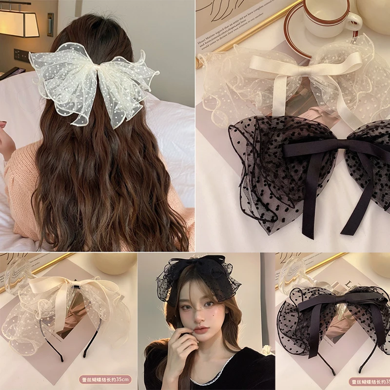 

2022 Dots Print Lace Ribbon Bowknot Headbands Mesh Bow Hairbands Holder Hair Hoops Korean Headwear for Women Girls Accessories