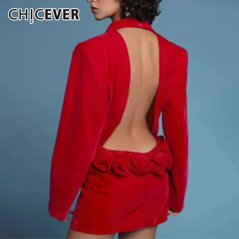 

CHICEVER Sexy Solid Backless Dresses For Women V Neck Long Sleeve High Waist Patchwork Appliques Slimming Bodycon Dress Female