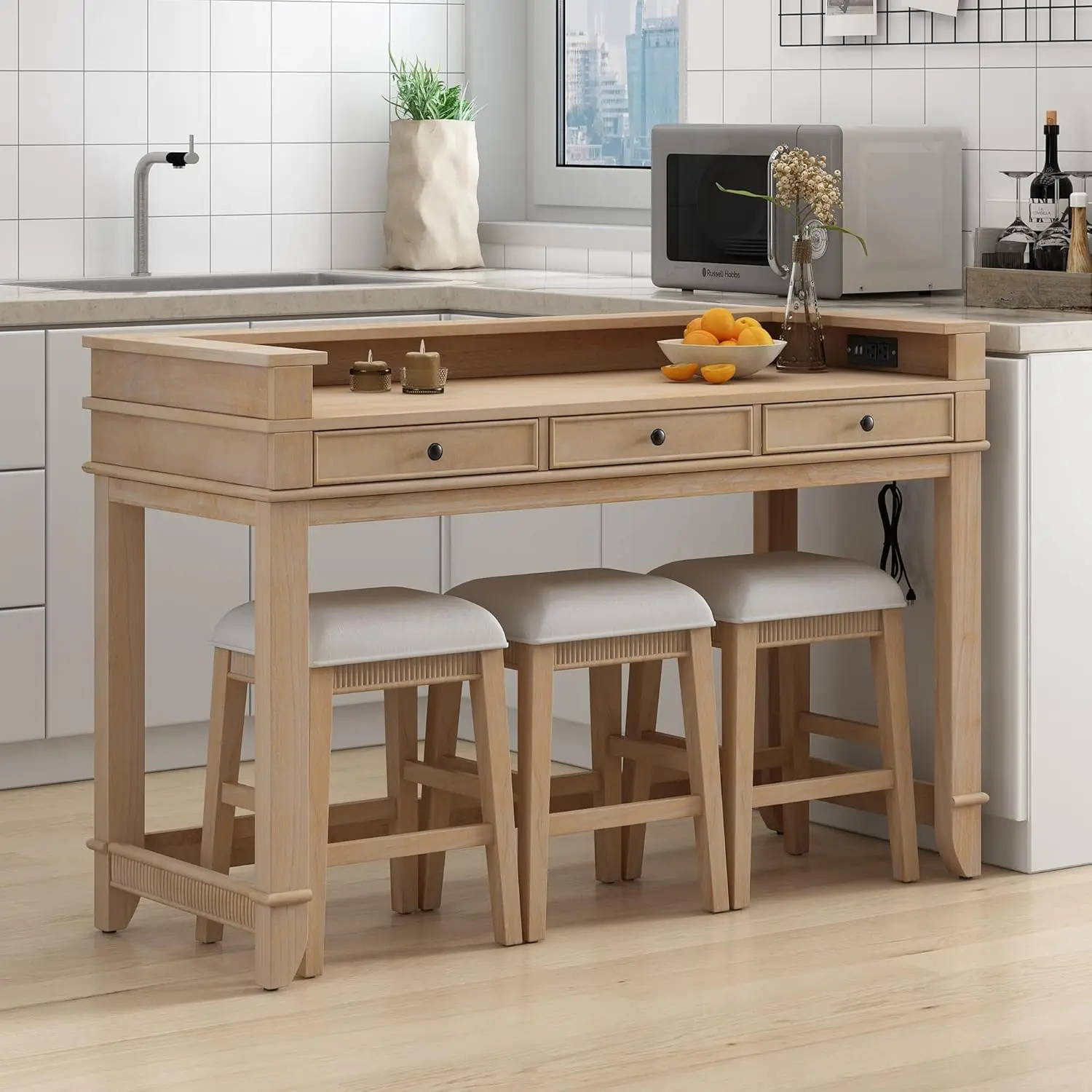 Merax 4 Piece Counter Height Bar Table Set for Small Space Wood Pub Table with Stools, Small Dining Room Set for 3
