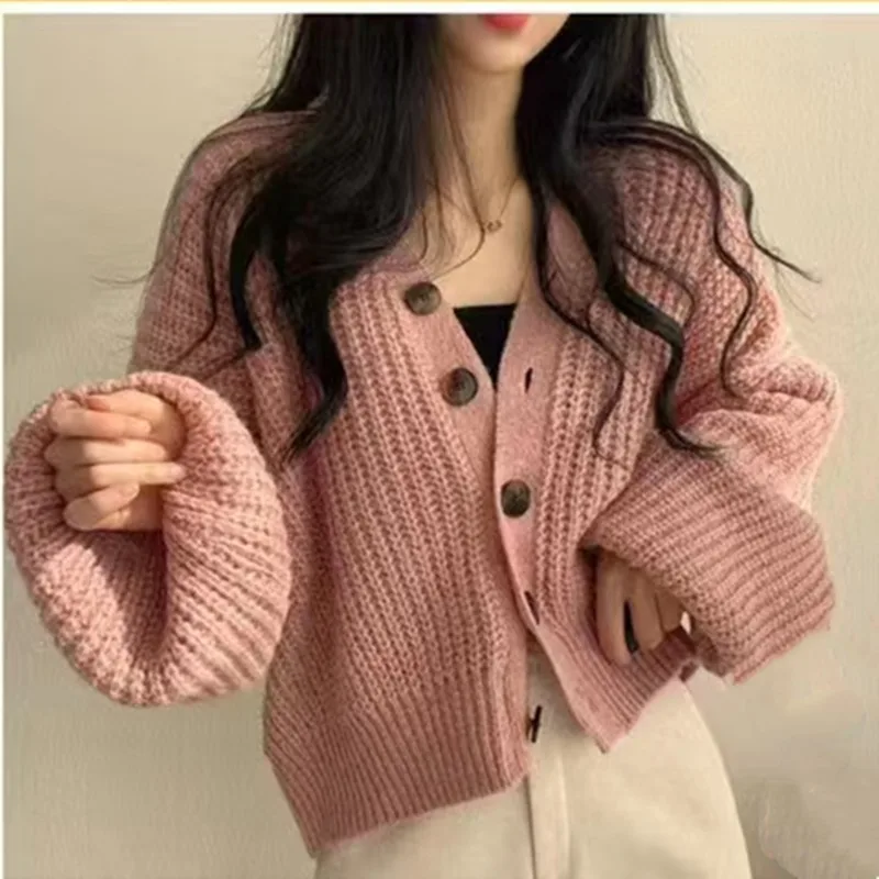 Autumn and Winter New V-neck Cardigan Women's Lantern Sleeve Sweater Fashion Casual Loose Short Knitted Jacket Elegant Knitwear