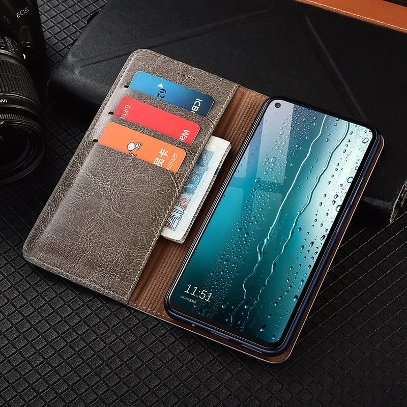 Crazy Horse Genuine Leather Flip Wallet Case with Fall Prevention