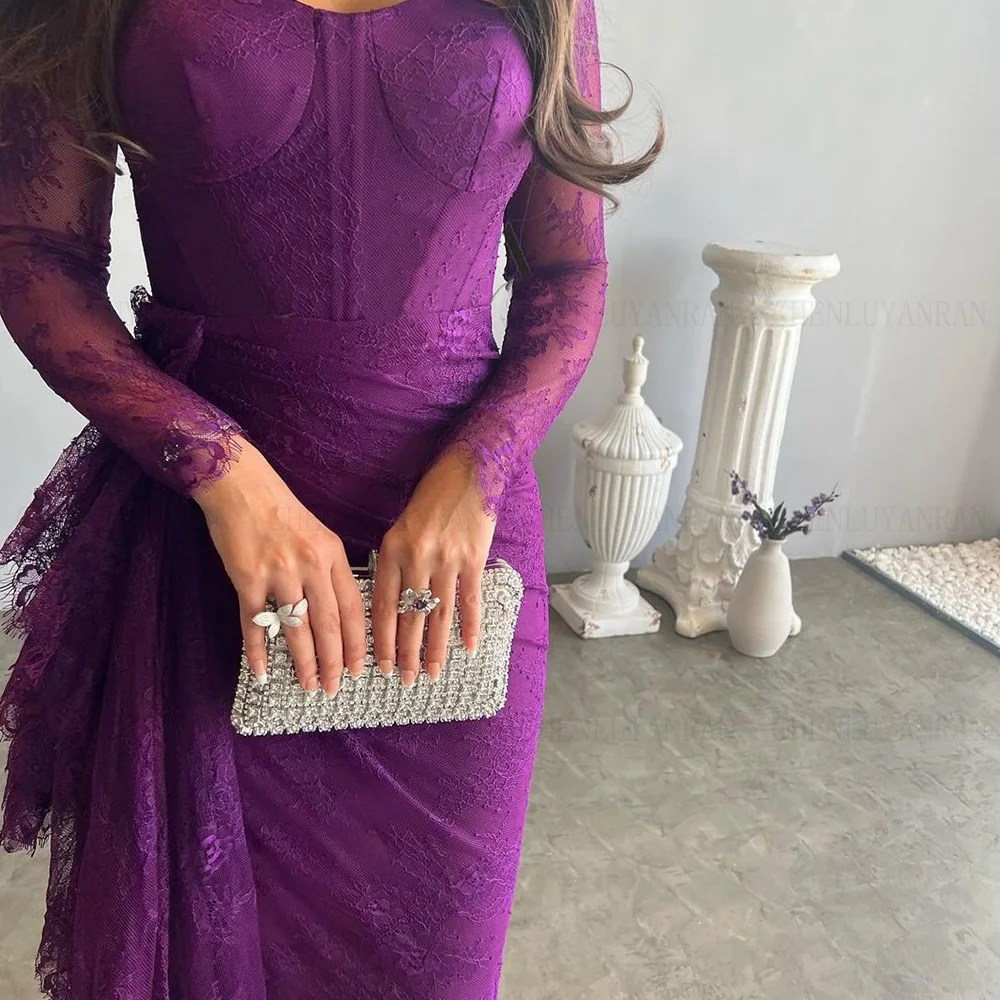 Purple Lace Formal Occasion Dresses 2025 Sweetheart Long Sleeves Ball Gowns Pleat Slit Sexy Evening Party Gown فساتين الحفلات 3