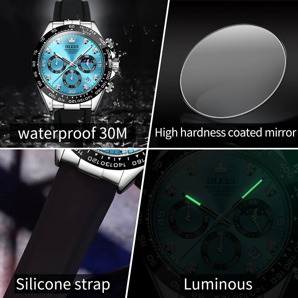 OLEVS Watches for Men Chronograph Analog Quartz Watch Moon Phase Silicone Diamond Waterproof Luminous Watches Relogio Masculino