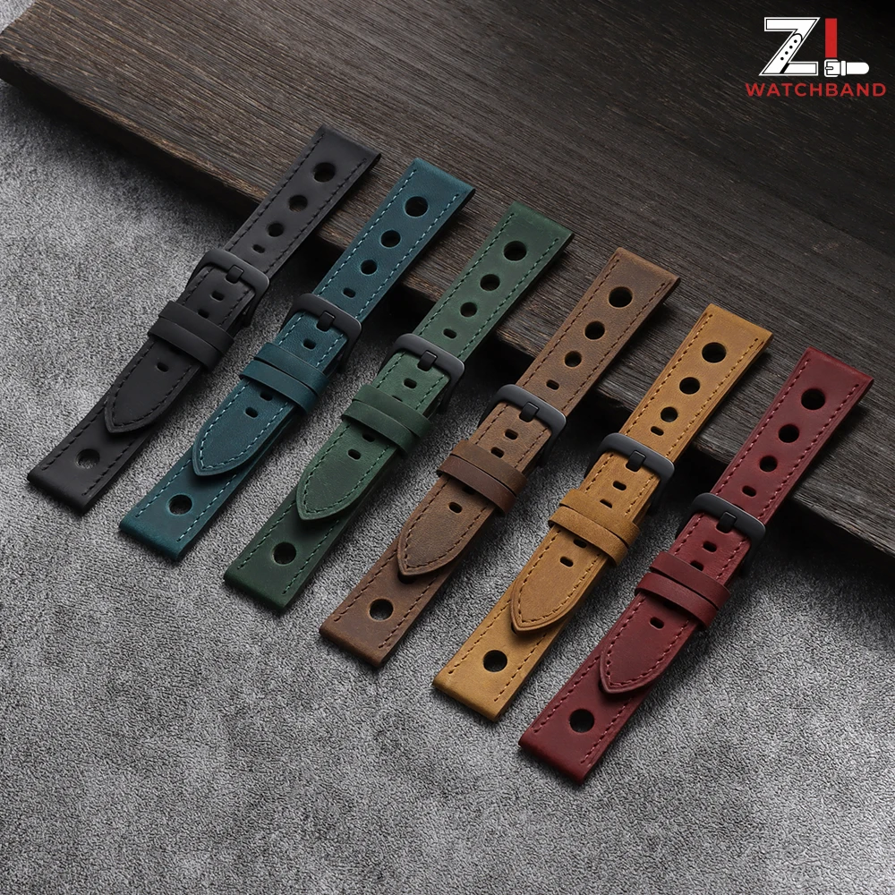 Premium Crazy Horse Leather Watchband - Genuine Cowhide, Breathable Racing Strap