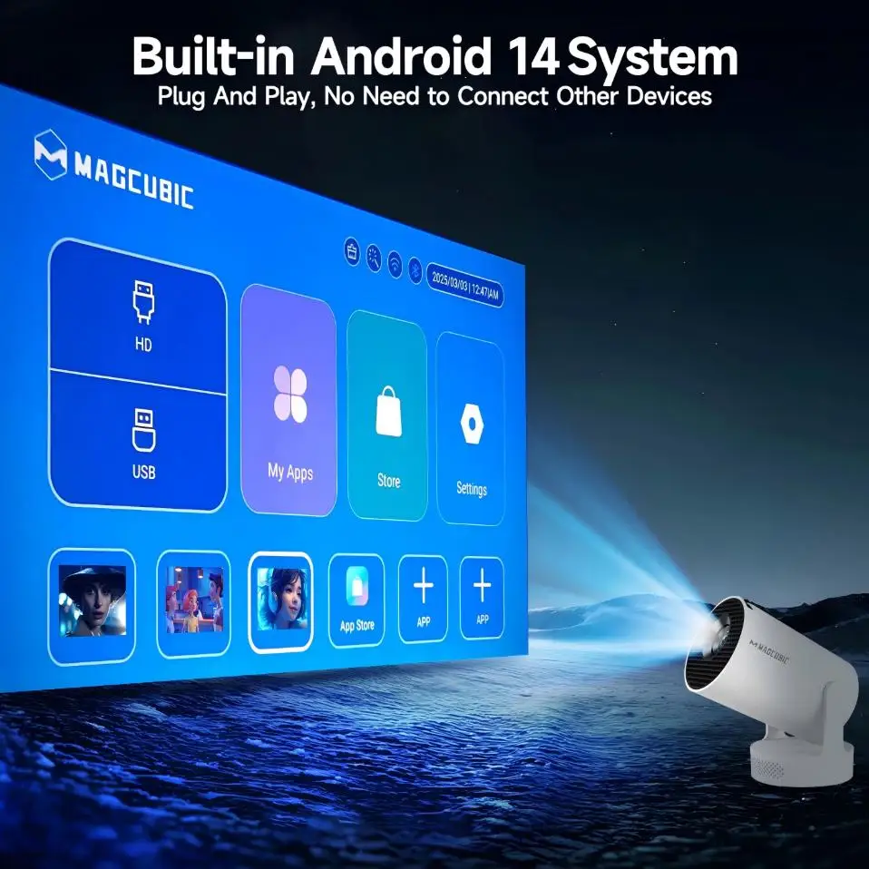 맥큐빅 HY300Pro+ 음성 제어 프로젝터 8K 안드로이드 14 빔 8000 루멘 Wifi6 BT5.4 시네마 야외 휴대용 에어마우스 추가