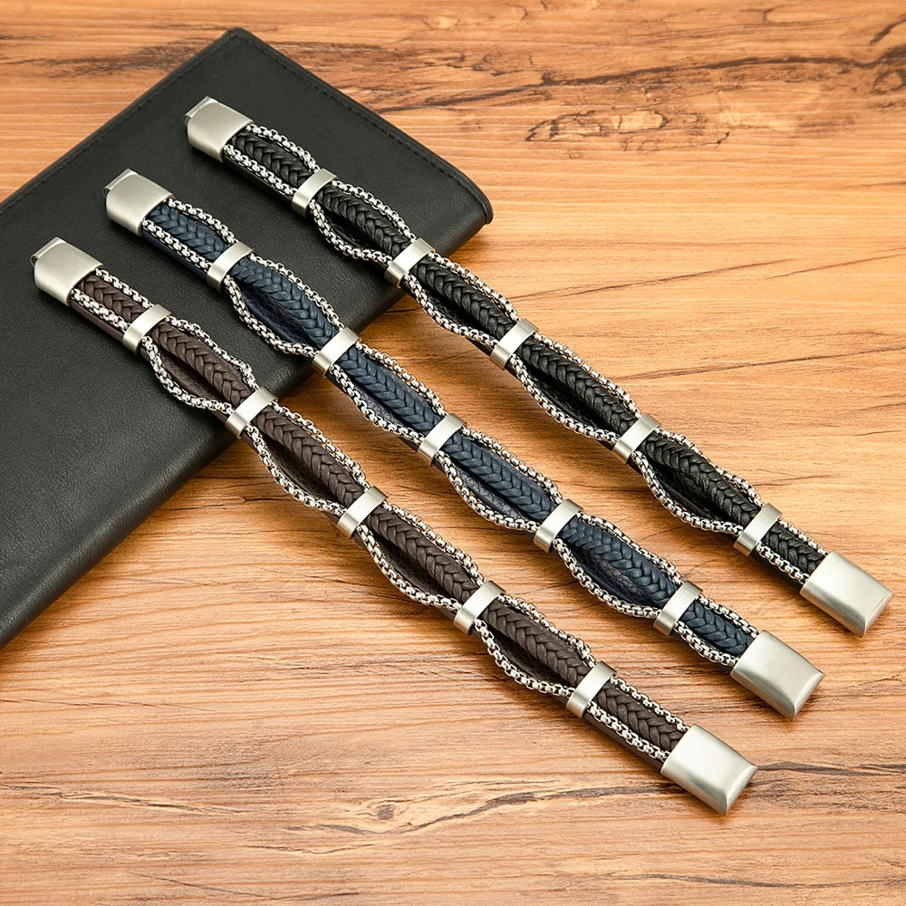 TYO New Arrivel Punk Design Chain Stainless Steel Braid Leather Bracelet for Men Magnetic Buckle Charm Jewelry Gifts Customized - Image 5