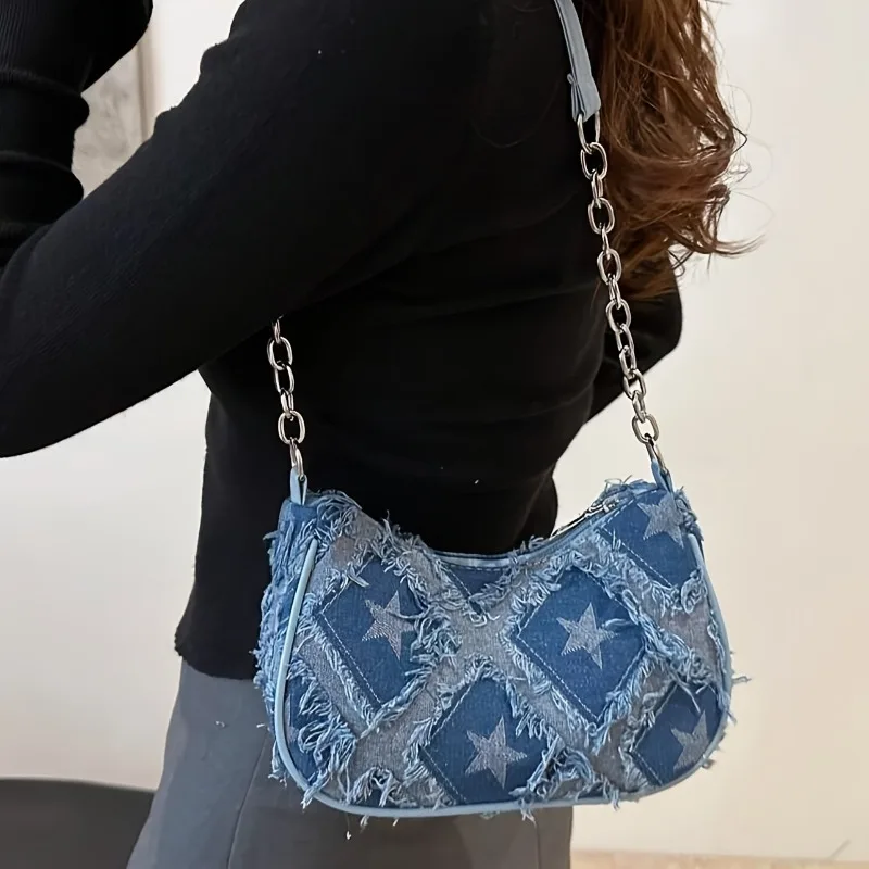 Women's Tote Bag with Star Pattern Blue Distressed Design, Golden-Tone Hardware, Stylish Handbag Shoulder Bag for Everyday Use
