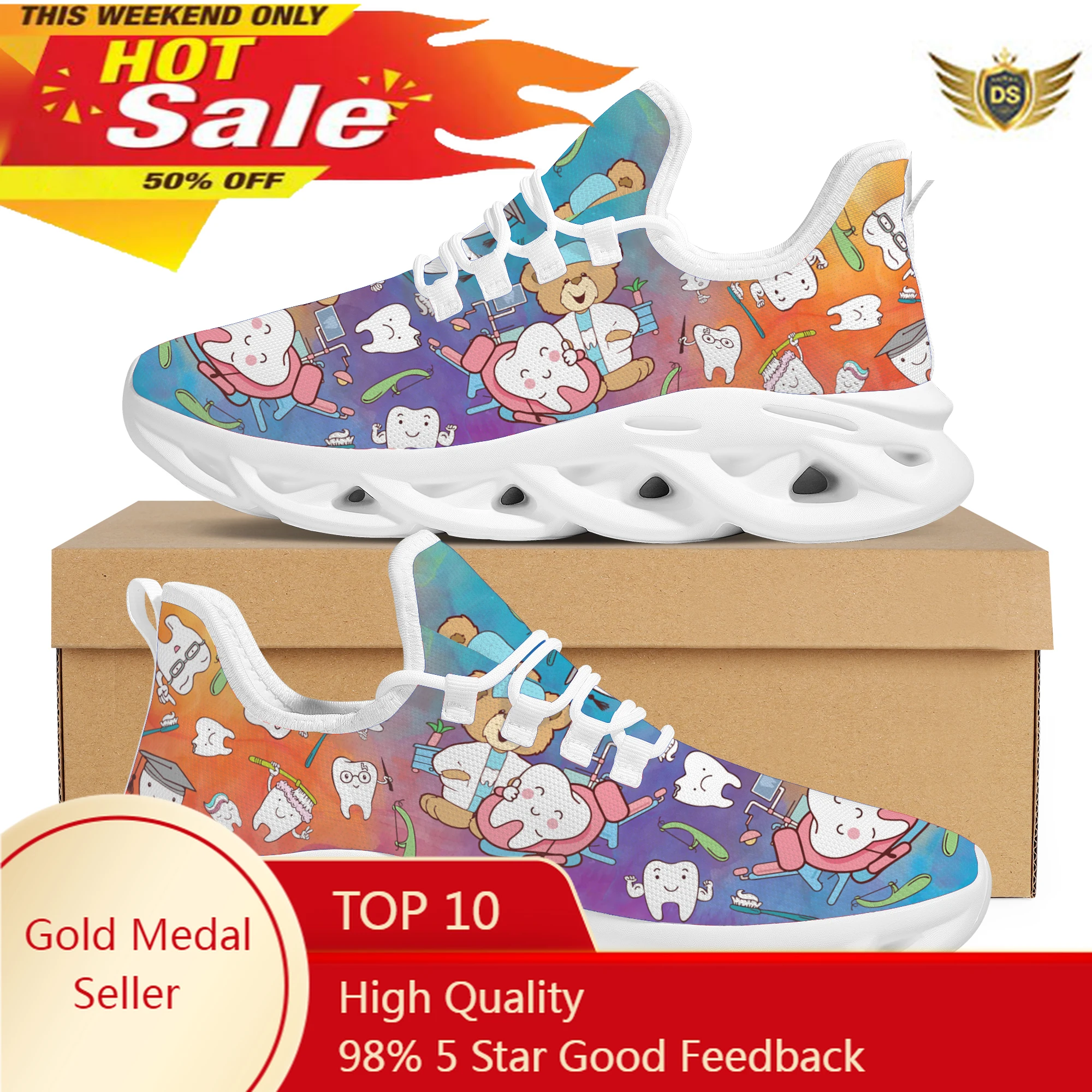 Printed Cartoon Dentist Ladies Shoes Wild Mesh Breathable Girls Shoes Students Outdoor Leisure Lace-Up Shoes
