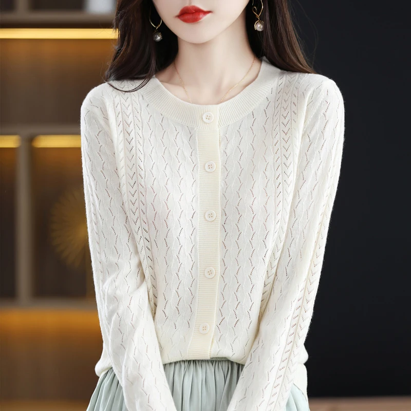

2023 Spring And Summer Worsted Cardigan Women's Hollow Thin Round Neck Loose Sweater With Top Bottom Sweater Fashion Korean Tren