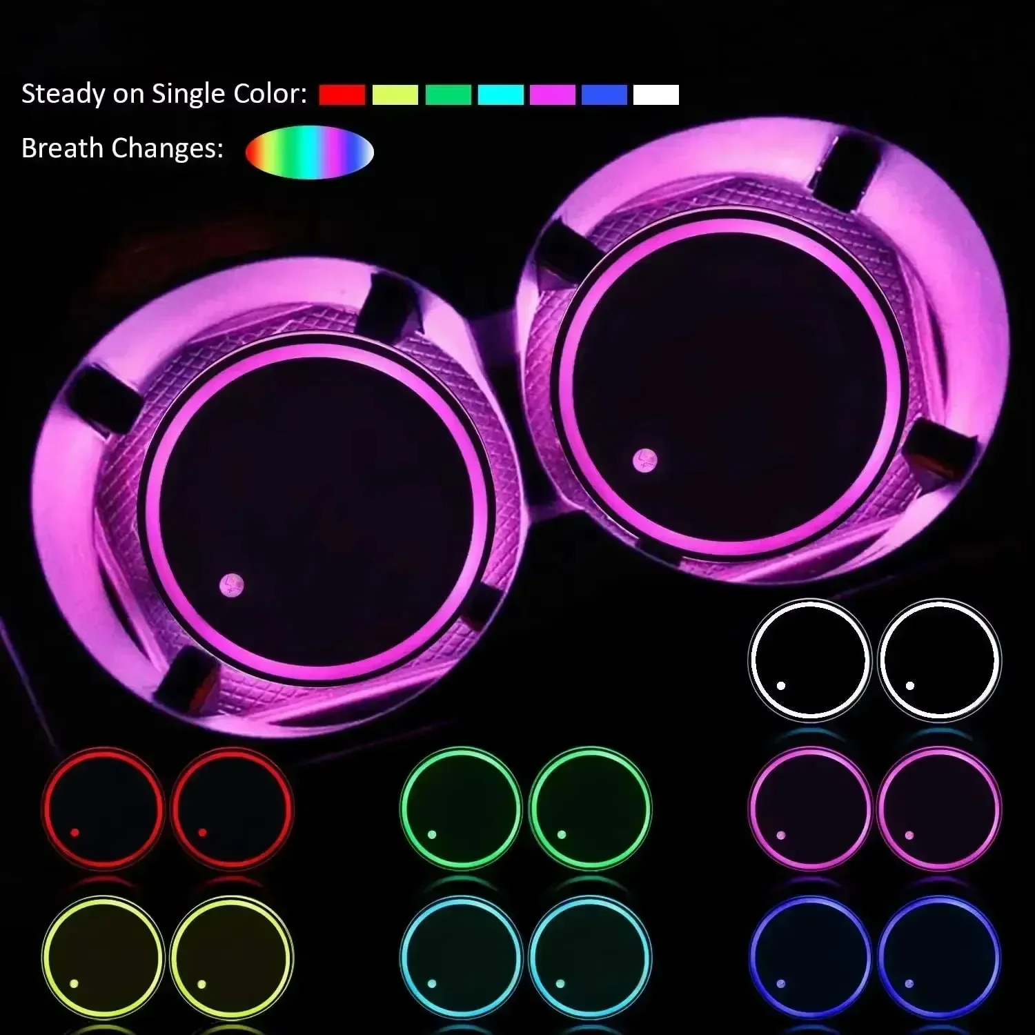 New LED Cup Holder Lights Car Rechargeable 3 Modes 7 Color Changing Light Up Cup Holder Insert Coasters Car Decor Accessories