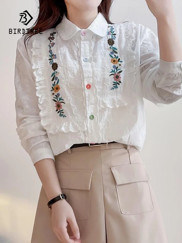 

New Spring Cotton Embroidery Shirt Women Lapel Long Sleeve Sweet Splicing Top Girl Loose Simplicity Blouses 2024 Autumn T44065QC