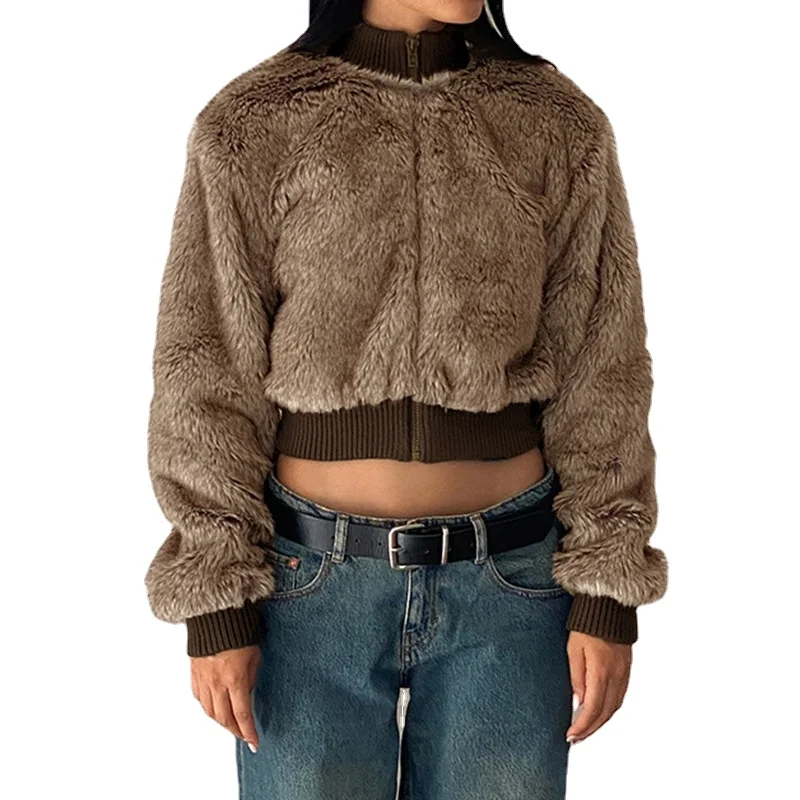 Women's Winter Jacket Retro Brown Fur Coat Women's 2023 Fashion New Colored Stand up Collar Cardigan Warm Sweater Street Wear
