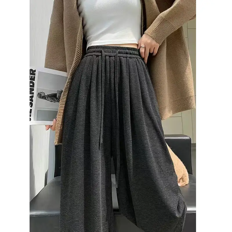 Spring Autumn New Solid Color Fashion Elastic Waist Wide Leg Trousers Women High Street Casual Drawstring Elegant All-match Pant