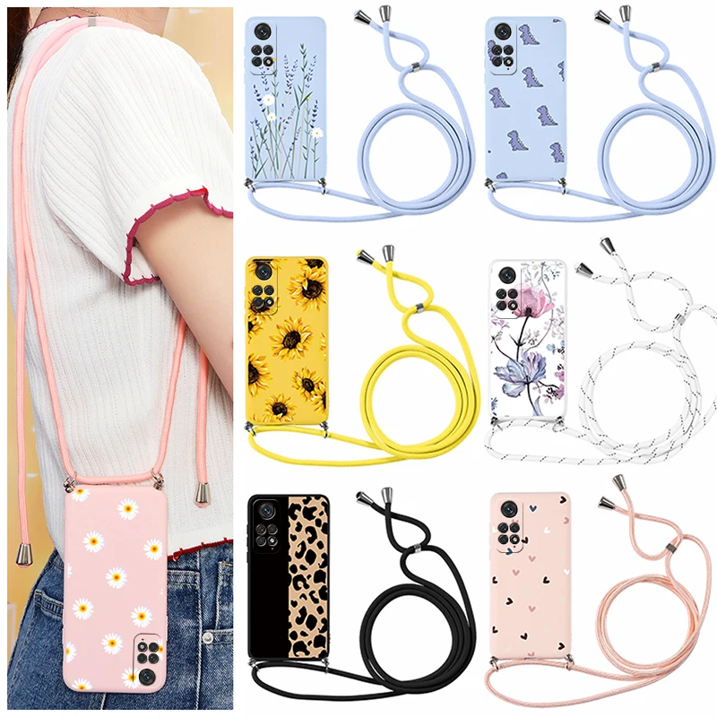 For Xiaomi Redmi Note 11 Case 2022 Necklace Lanyard Rope Silicone Soft  Phone Cover For Redmi Note 11s 11 Pro Flower Funda Bumper