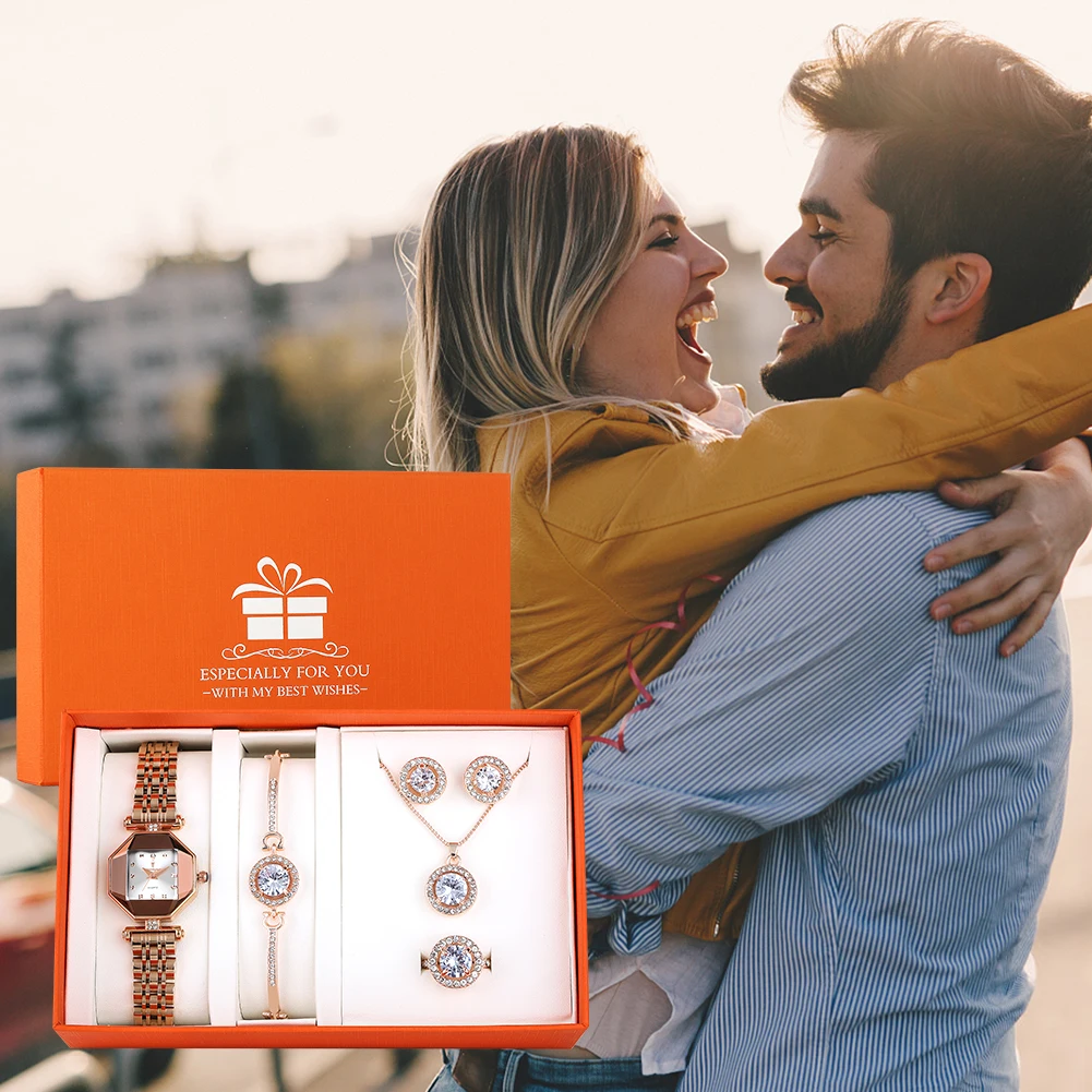 Exquisite Jewellery Gift Box for ladY Premium Rose Gold Quartz Watch with Bracelet Necklace Fashion Set New Year Gifts to Wife