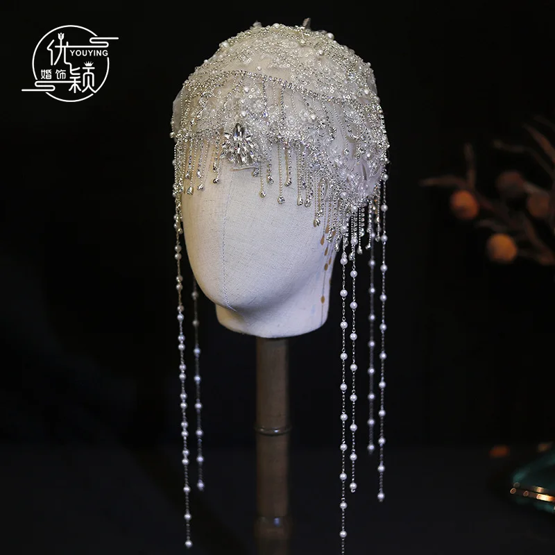 Copricapo da sposa in pizzo con perline, accessorio per capelli con nappe, ciondolo frontale, cappello in garza ricamato, accessori vintage per abito da sposa - Image 2