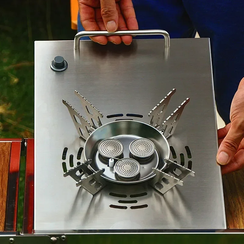 Outdoor Gas Stove Three-core Windproof Stove Self-driving Travel Split Camping Cooker Picnic High-power Fierce
