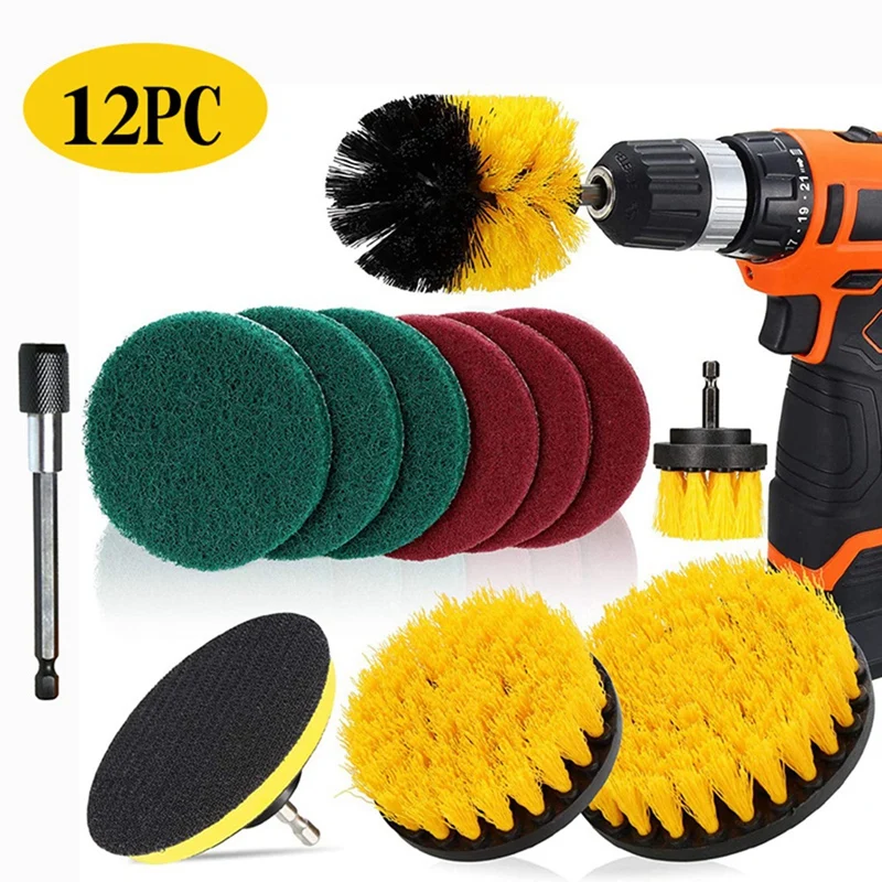 12 PCS Electric Cleaning Brush Yellow Brush Head Set Floor And Wall Cleaning And Polishing As Shown Metal+Plastic 4