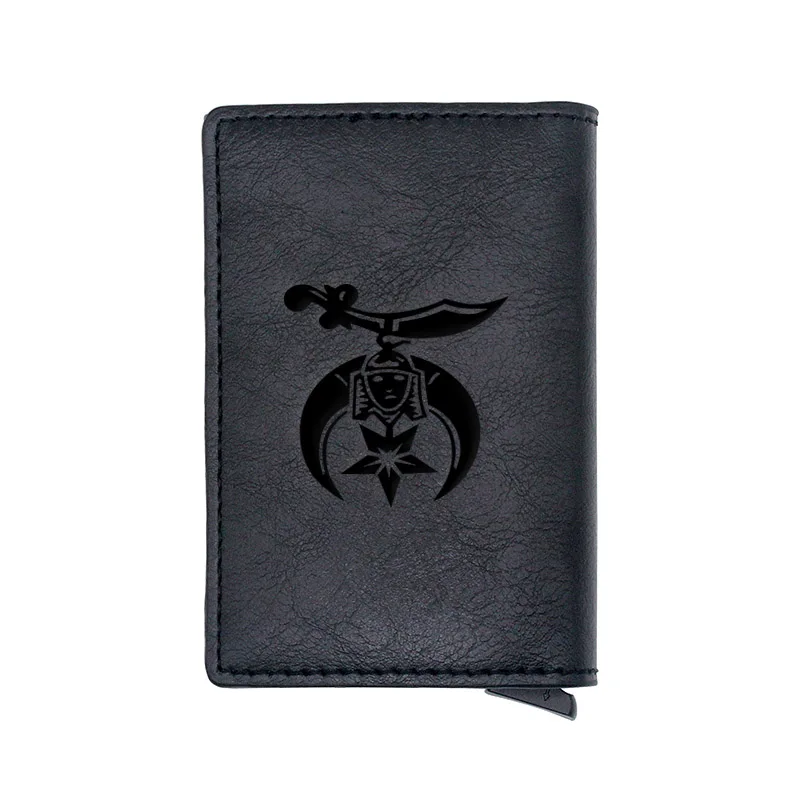 Classic Laser Engraving Freemasonry Shriner Credit Card Holder Men Women Metal RFID Aluminium Box PU Leather Wallet BA423