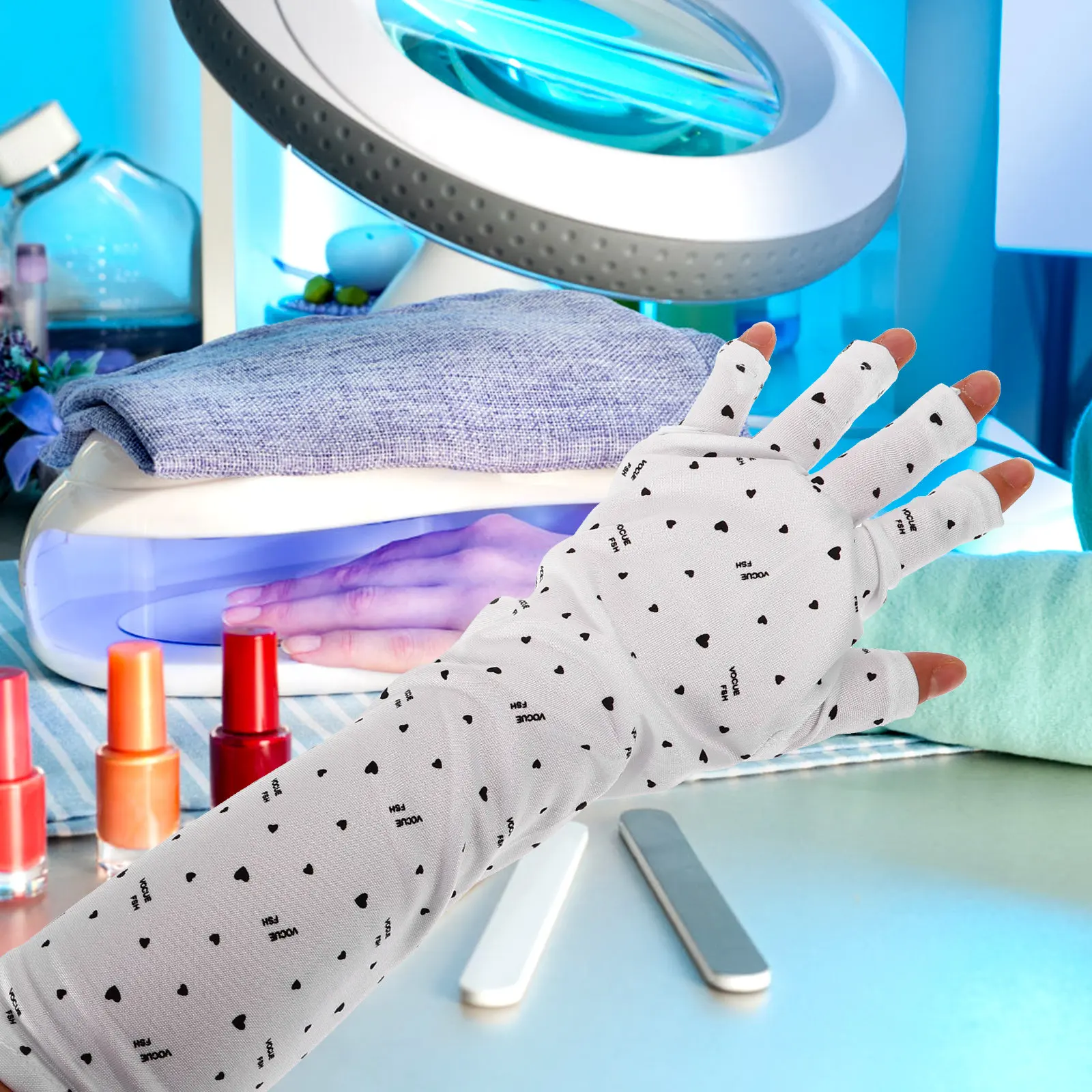 1쌍 신축성 있는 세탁 가능한 UV 네일 장갑 매니큐어용 면 폴리에스테르 혼합..