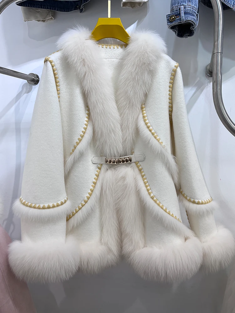 

Winter Women Coat Real Fur Cashmere Wool Woolen Jacket Natural Fox Fur Collar Ladies Outerwear Streetwear