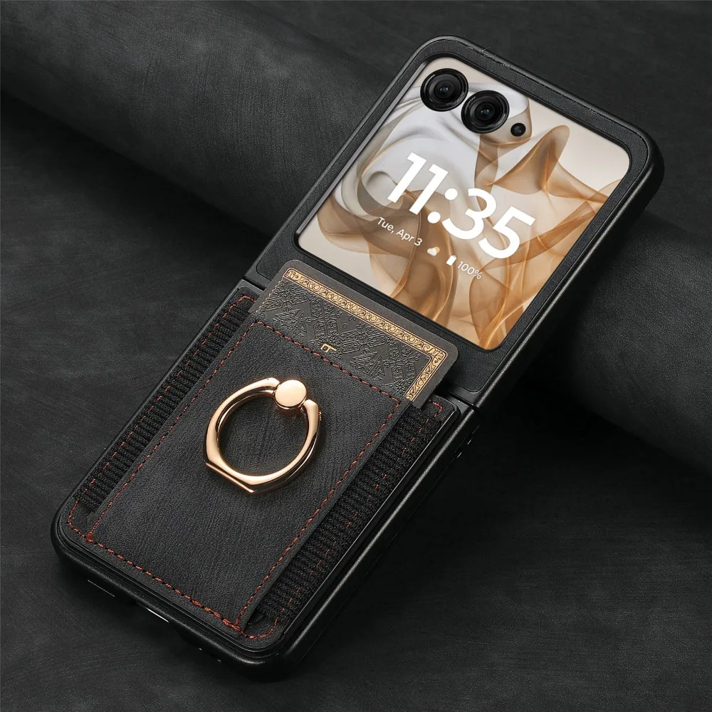Premium Retro Plain PU Leather Wallet Phone Case with Card Slot and Ring Bracket - Shockproof Cover