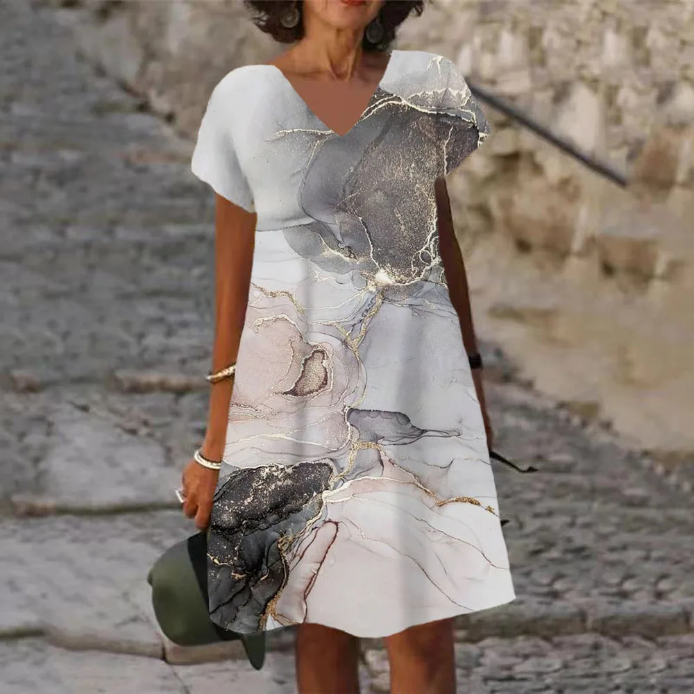 Damen Kleid Übergröße Abstrakter Druck - Midi Kleid Mit 3/4 Ärmeln Aus Leinen